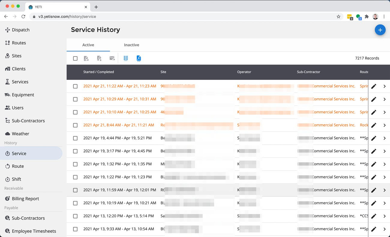 Service History Screen - Yeti Snow Management